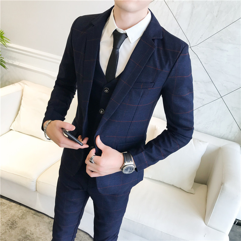 Men's Suits Blazers Fashion Men's Casual Slim Plaid Suit Coat Three Piece Set / Men's Business Boutique Wedding Blazers Jacket Pants Ve
