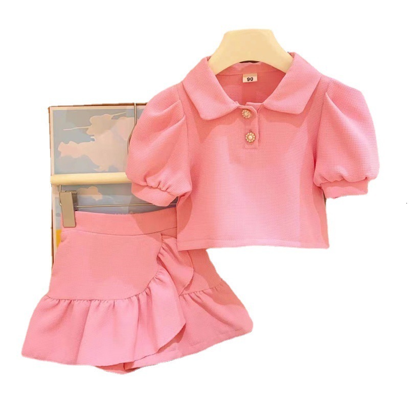 Clothing Sets Girls' clothing set Summer lapel shirtshort sleeved top Children's casual clothing set Children's girls' clothing 2P