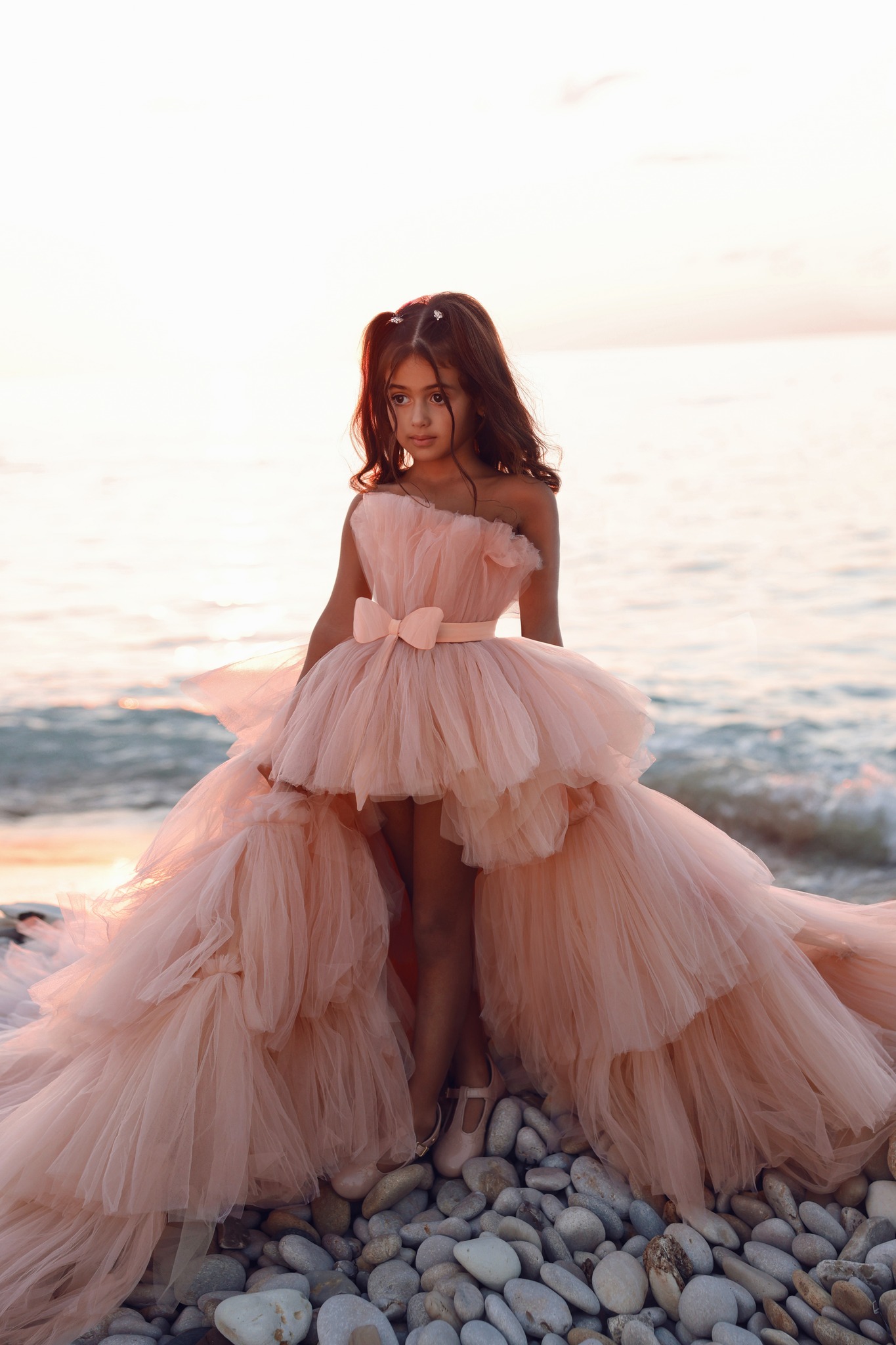 Blush Pink High Low Flower Girl Dresses For Beach Wedding Kids Strapless Party Girls Pageant Dresses Princess Birthday Photoshoot