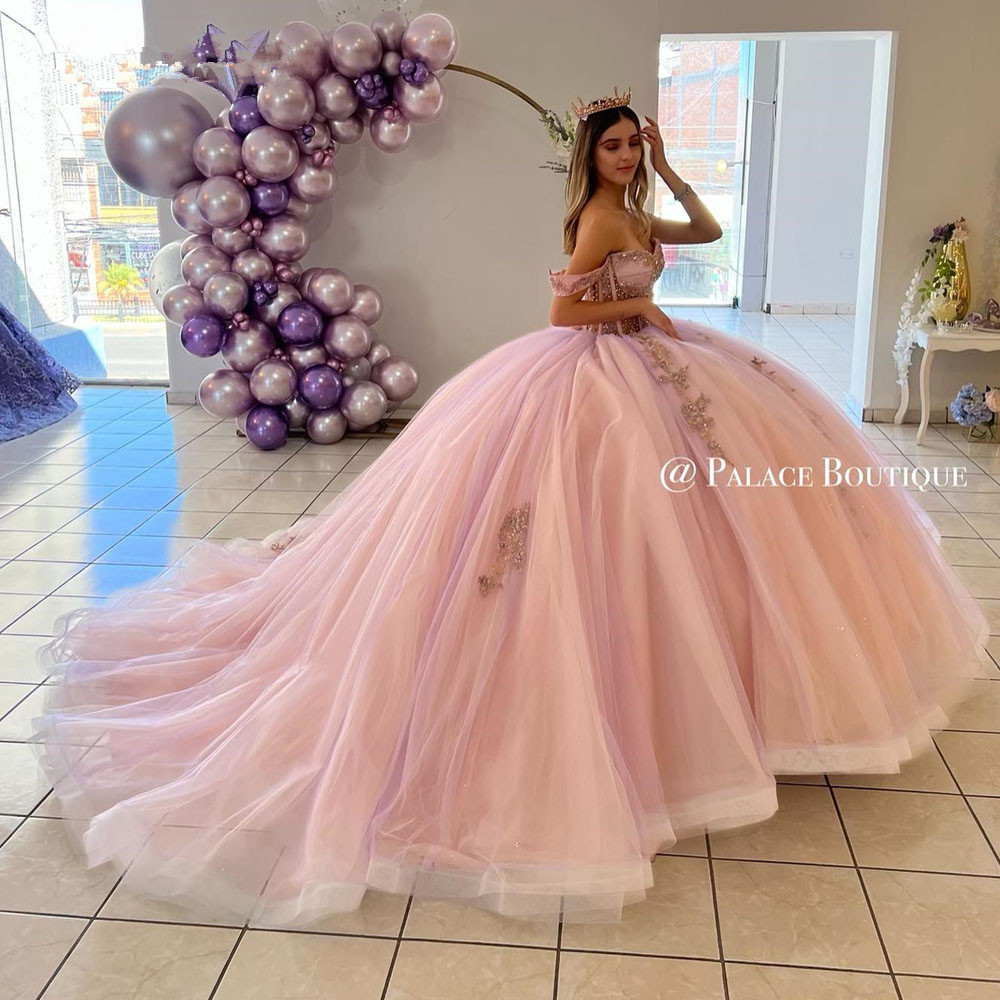 Lavender Pink Princess Quinceanera Dresses Off Shoulder Appliques Glitter lace-up corset Vestidos De 15 Anos Birthday prom Gown