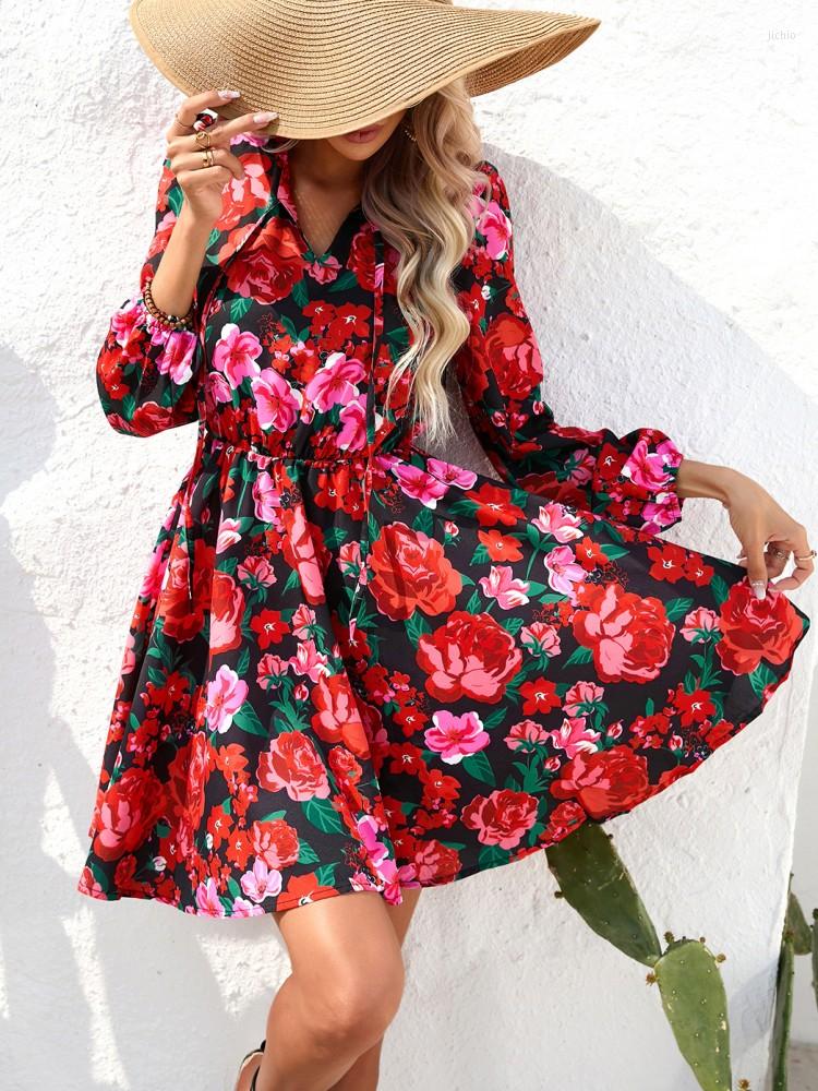 Casual Dresses 2023 Fashion Women Summer Dress Print V-Neck Long Sleeve Elastic Waist Mini Streetwear Holiday Ladies Clothes