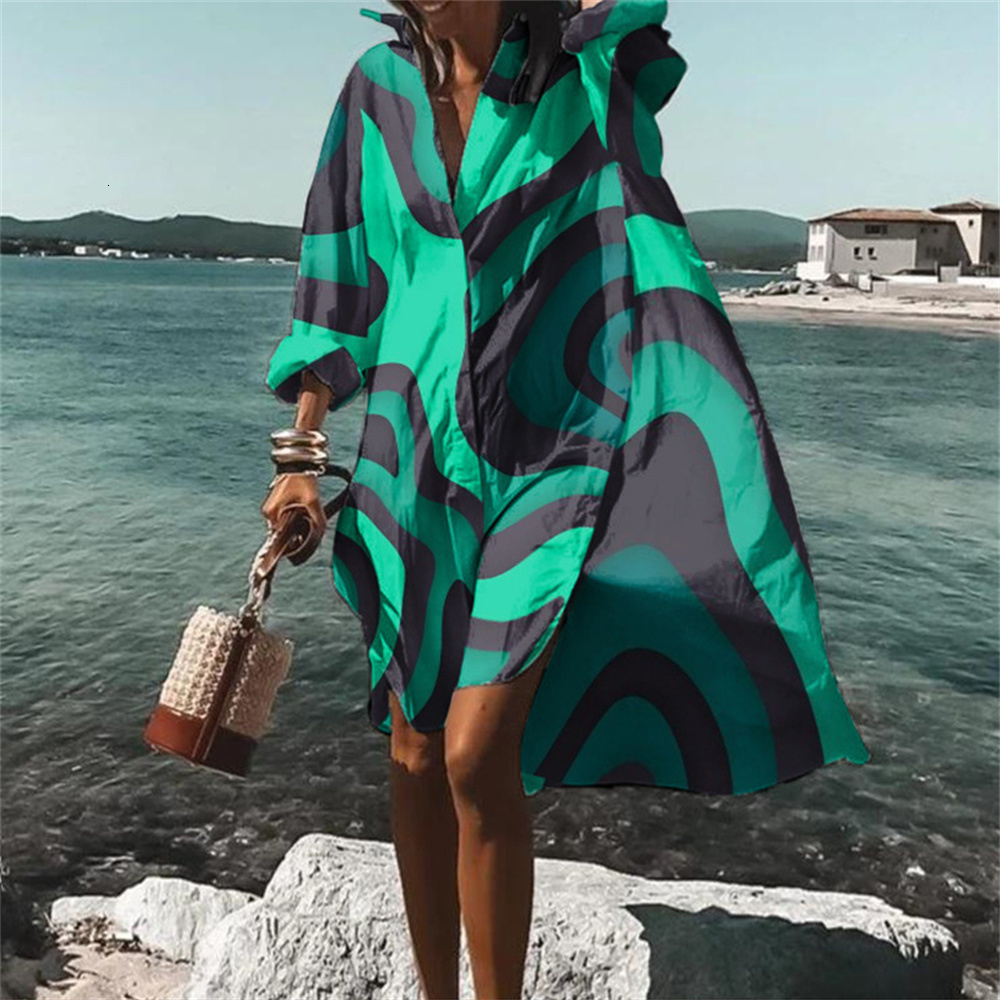 Women's Swimwear Casual Wavy stripes Print Beach Holiday Cover Up Coat Shirt Collar Swimsuit Pullover y2k clothing 230506