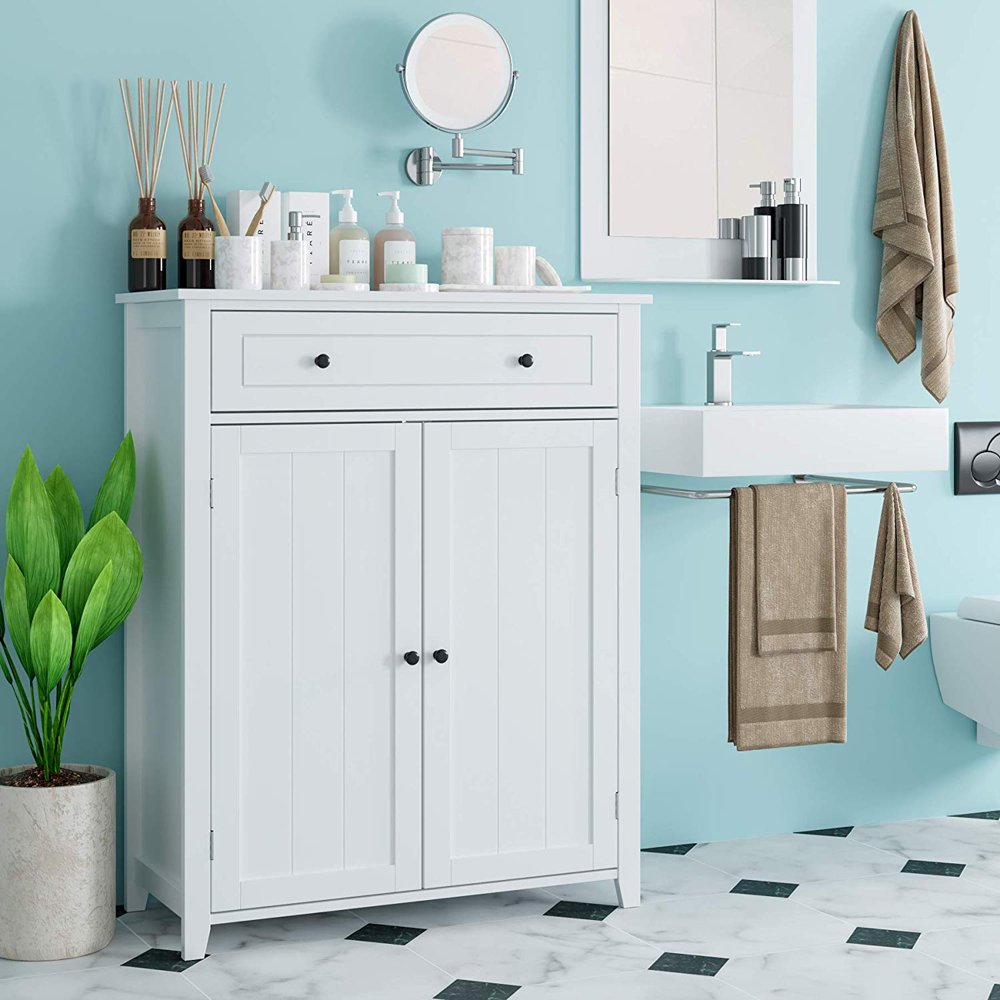 

Bathroom Storage Cabinet with Adjustable Shelf, Floor Cabinet Organizer with 1 Drawer 2 Door for Storage, White Finish