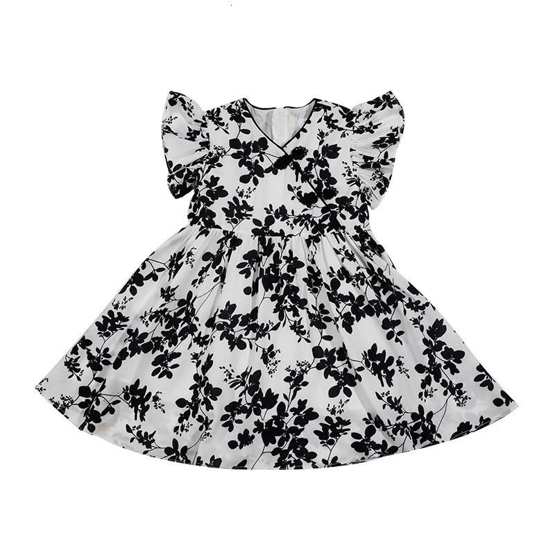 Family Matching Outfits High-end Parent-child Summer Dress Mother and Daughter Dress Korean Chiffon Skirt Girl Short-sleeved Floral Chiffon Skirt 2305