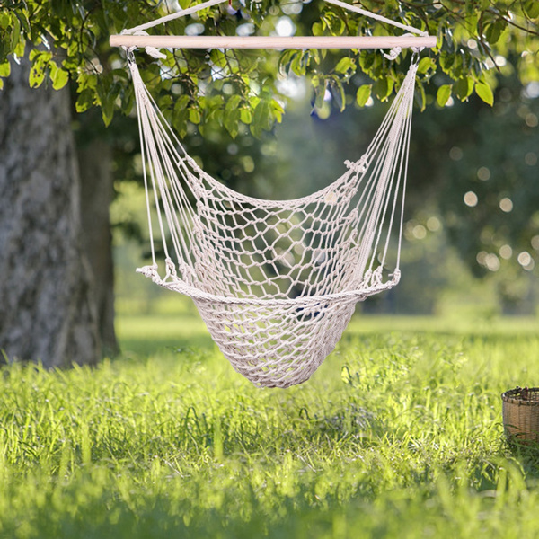 Hammock Cotton Swing Camping Hanging Rope Chair Wooden Beige White Outdoor Patio Cannot Ship To POBOX