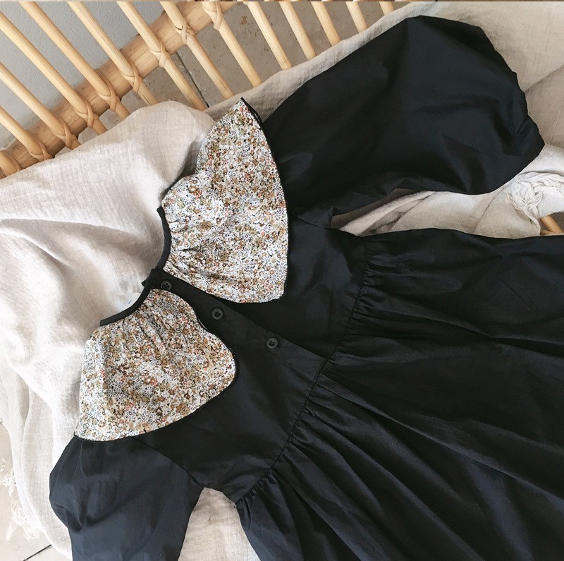 Family Matching Outfits Parent-child Wear Autumn Girl Baby Floral Irregular Collar Dress Retro Hepburn Style Dress 230506