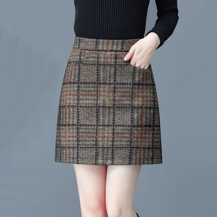 Skirts Tartan Skirt Short Skirt Autumn and Winter Large Woolen a Word Female Woman Skirts Mujer Faldas Saias Mulher 230506