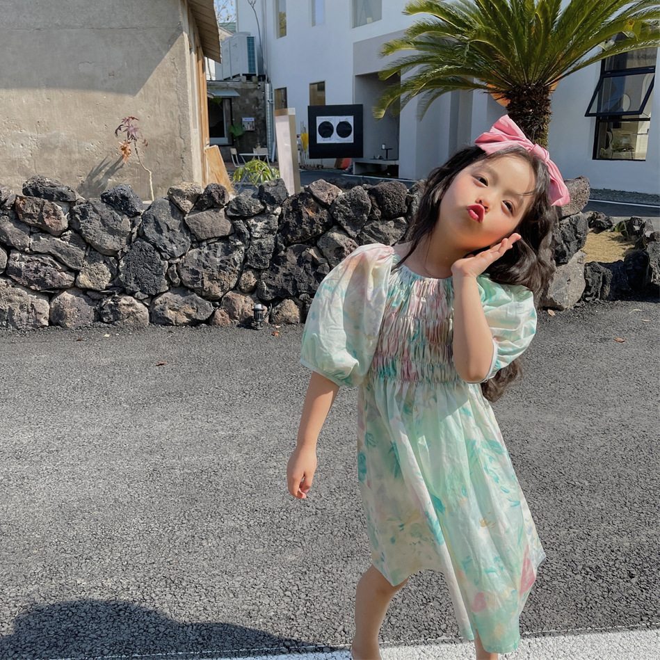 Family Matching Outfits Parent-child summer children's clothing Korean children's thin oil painting skirt girls mother and daughter dress fa