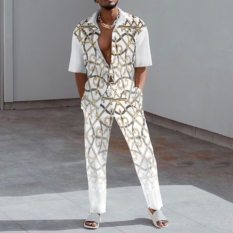 Men's Suits Blazers Fashion Print Two Piece Set Men Summer Short Sleeve Lapel Button Shirts And Straight Pants Suit For Mens Outfits Casual Cloth