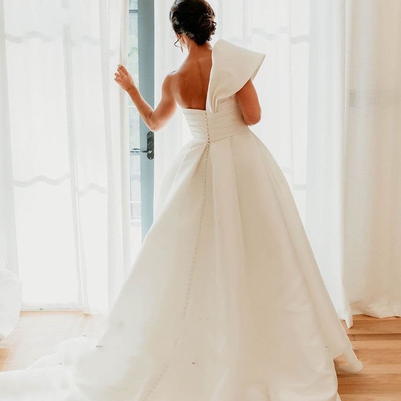 Vintage One Shoulder Pleat Satin Wedding Dress Sleeveless Backless A-Line Boho Princess Bridal Gowns vestidos de novia Custom Made