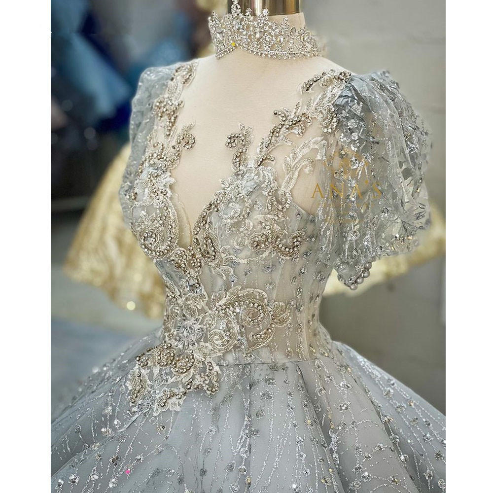 Princess Silver Gillter Quinceanera Dresses Beaded Pearl Crystal Applique lace-up corset Prom Sweet 16 Dress Vestidos De 15 anos