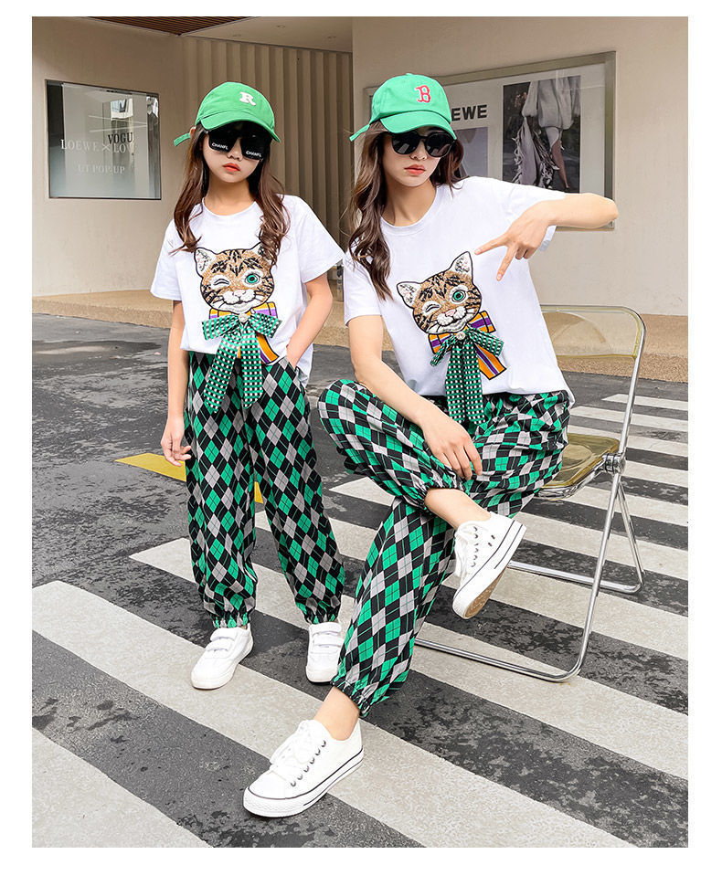 Family Matching Outfits Kid's Fashion Printed Plaid Cat Head Short Sleeve Top Plaid Casual Pants 2PCS Girls' Ladies Travel Parent-Child Outf
