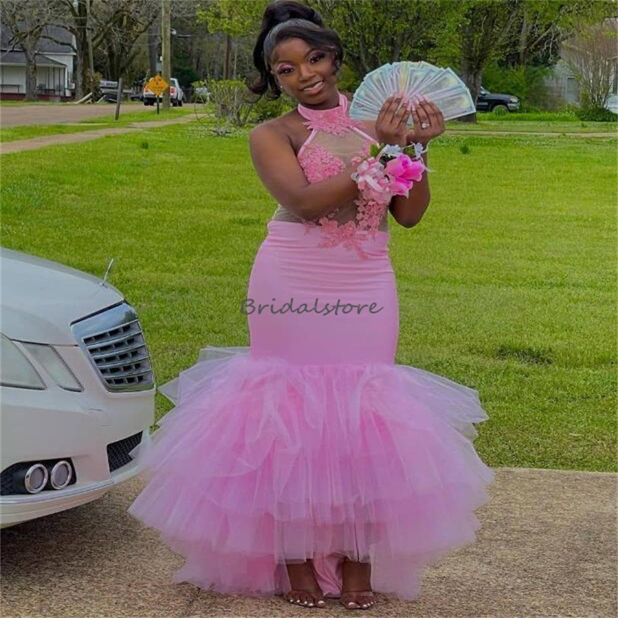 New Pink Black Girls Prom Dress For Birthday Party 2023 Halter African Mermaid Evening Gowns Tiered Tulle Lace Backless Formal Occasion Party Vestido 