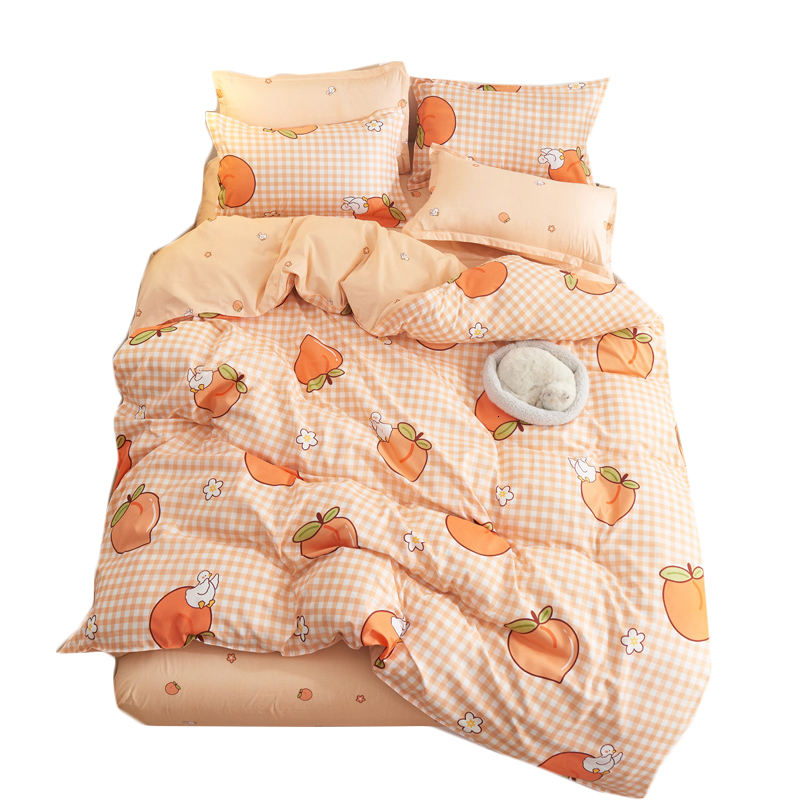 Bedding sets 3/4pcs Kawaii Bedding Sets Cute Peach Bed Sheet Set With Pillow Cover For Girl Bedding Set Twin Full Queen King Size Duvet Cover 230506
