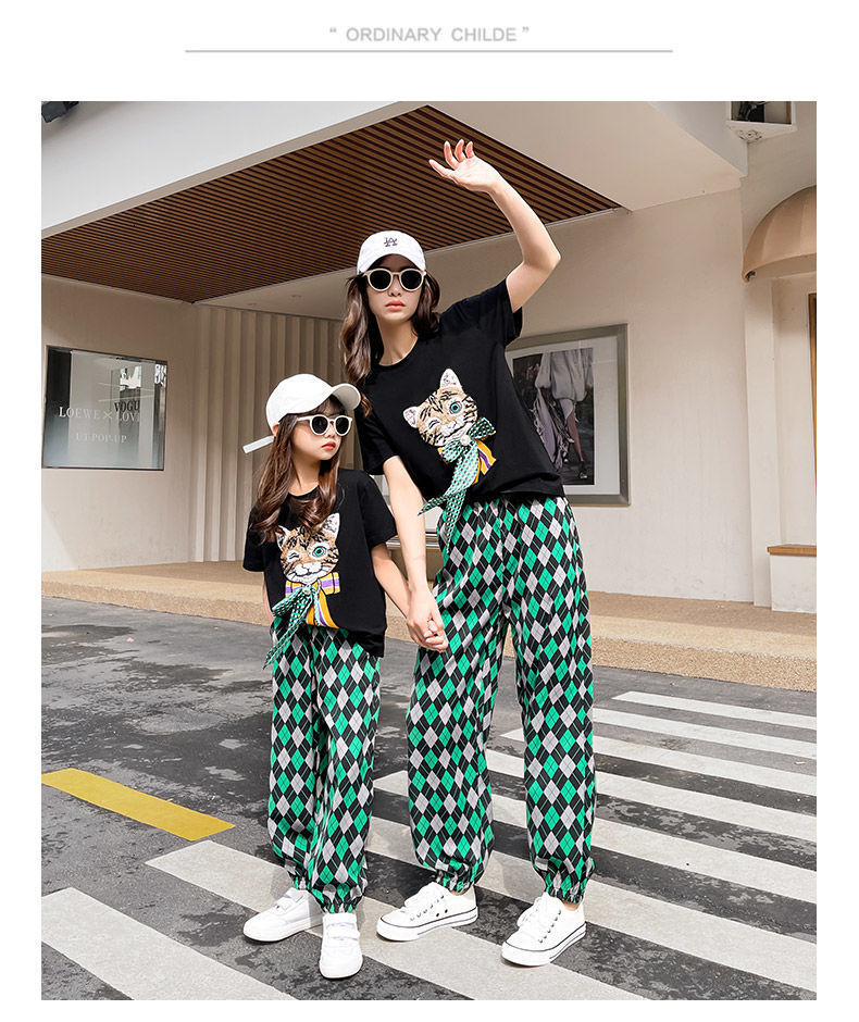 Family Matching Outfits Kid's Fashion Printed Plaid Cat Head Short Sleeve Top Plaid Casual Pants 2PCS Girls' Ladies Travel Parent-Child Outf