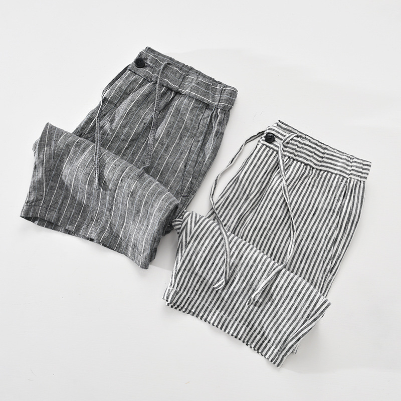 Men's Shorts Striped Shorts for Men Japanese Style Pure Linen Casual Elastic Waist Button Up Short Pants Summer 230506