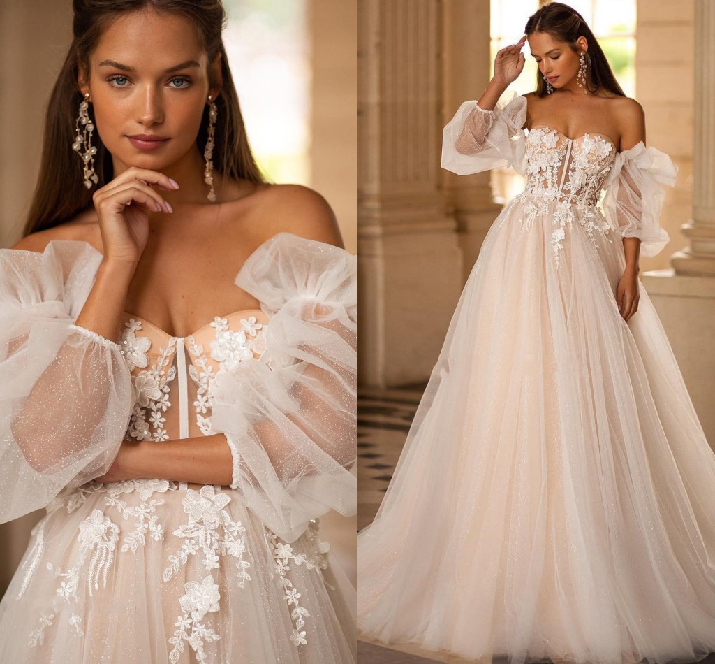 Champagne A Line Wedding Dress Sweetheart 3D Flower Lace Applique Boho Bridal Gowns Detachable Long Puff Sleeves Vestidos De Novia Custom Made