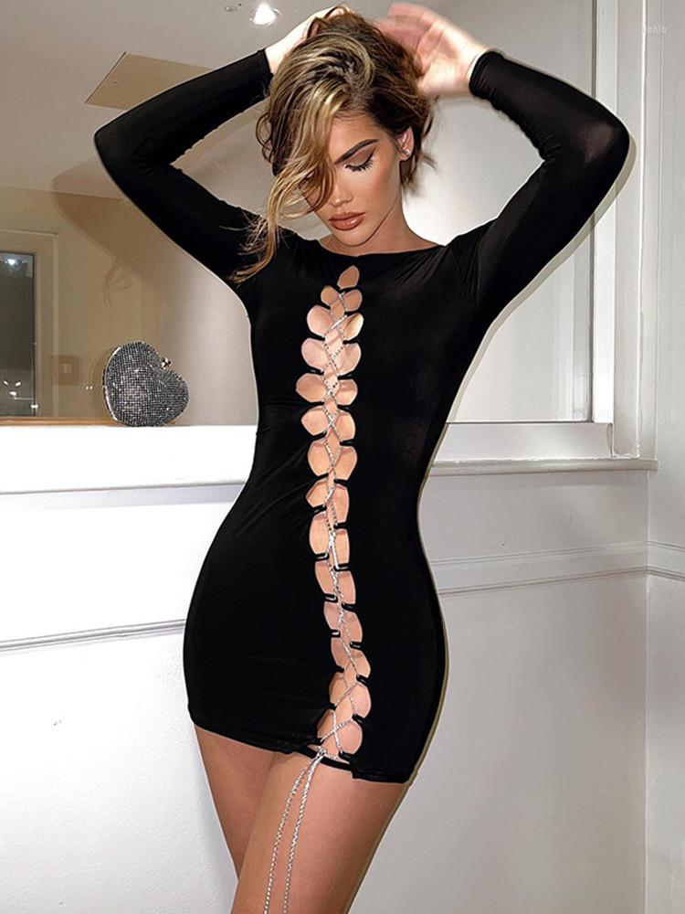 Casual Dresses 2023 Women Sexy Chain Lace Up Bandage Mini Dress Fashion Outfits Club Party Long Sleeve Womens