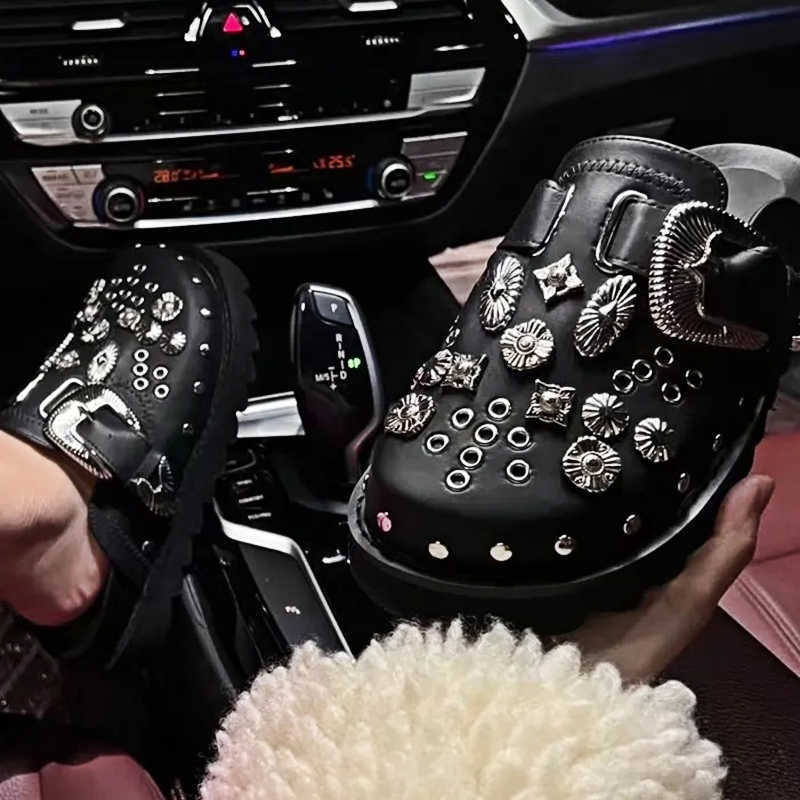Slippers 2023 Summer Women Slippers Platform Punk Rock Leather Mules Creative Metal Fittings Casual Party Shoes Female Outdoor G230512