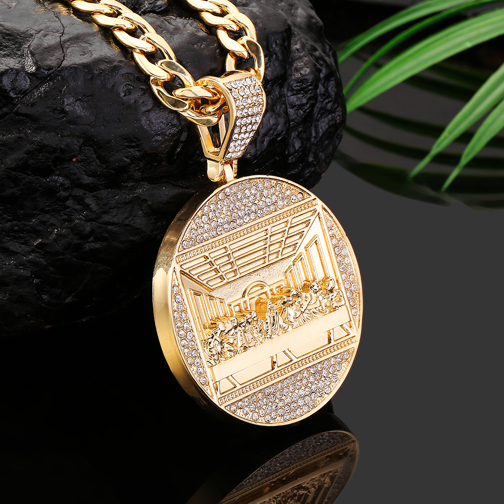 Pendant Necklaces Last Supper Big Jesus Iced Out Bling Zircon Gold Color Charm Necklace Fashion For Men Fathers Day Gift Hip Hop Jewelry 230506