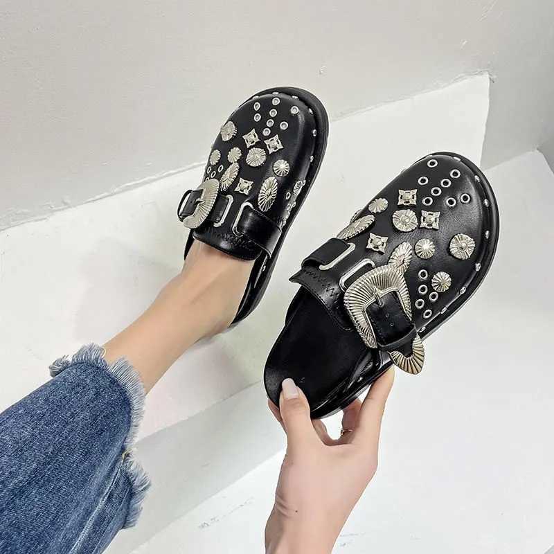 Slippers 2023 Summer Women Slippers Platform Punk Rock Leather Mules Creative Metal Fittings Casual Party Shoes Female Outdoor G230512