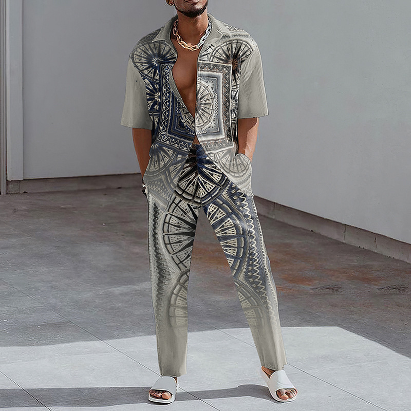 Men's Suits Blazers Fashion Print Two Piece Set Men Summer Short Sleeve Lapel Button Shirts And Straight Pants Suit For Mens Outfits Casual Cloth