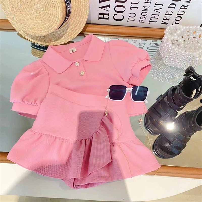Clothing Sets Girls' clothing set Summer lapel shirtshort sleeved top Children's casual clothing set Children's girls' clothing 2P