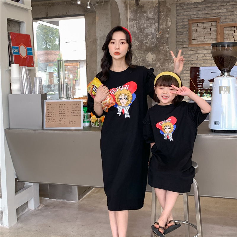 Family Matching Outfits Same Mom And Daughter Dresses Baby Girls Long Tee Women's Dress Mother And Children Summer Clothes Korean Parent-Child Ou