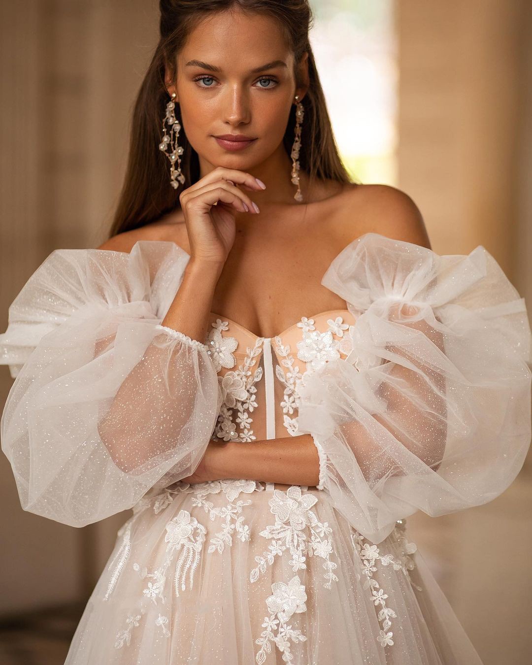 Champagne A Line Wedding Dress Sweetheart 3D Flower Lace Applique Boho Bridal Gowns Detachable Long Puff Sleeves Vestidos De Novia Custom Made