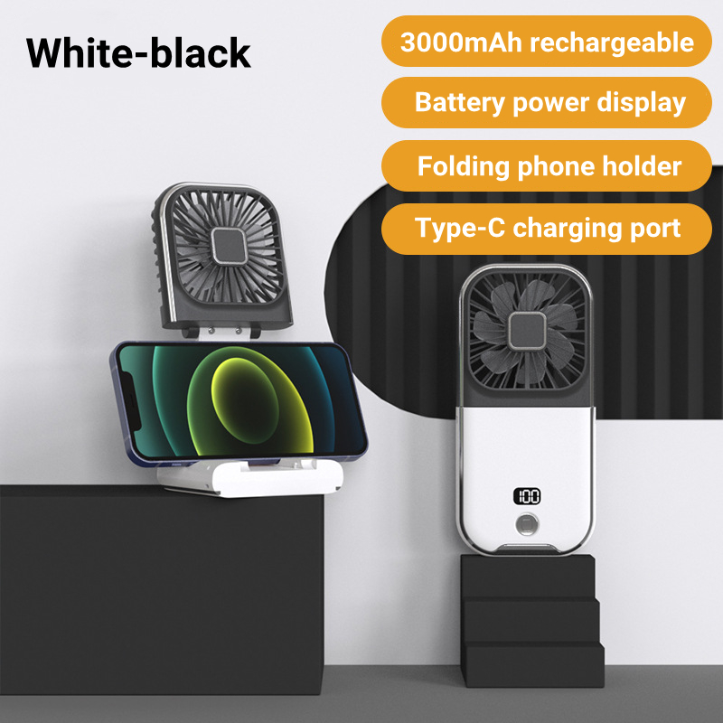 Handheld Fan Foldable Hanging Neck Fan Small Fan with Phone Stand Power Bank Function USB Charging 3000mAh Cooling Fan Digital display For Home Office
