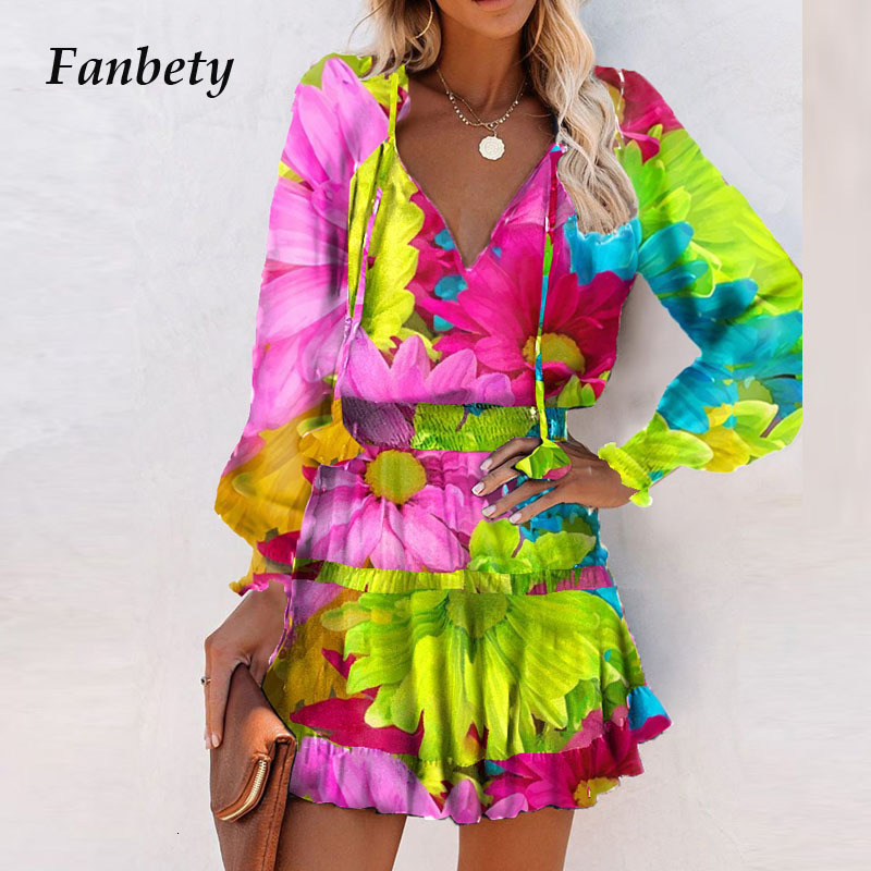 Women's Swimwear Vintage Colorful Floral Printed Party Dres Spring Summer Elegant VNeck Drawstring Ruffle Mini Sundress Casual Coverups 230506