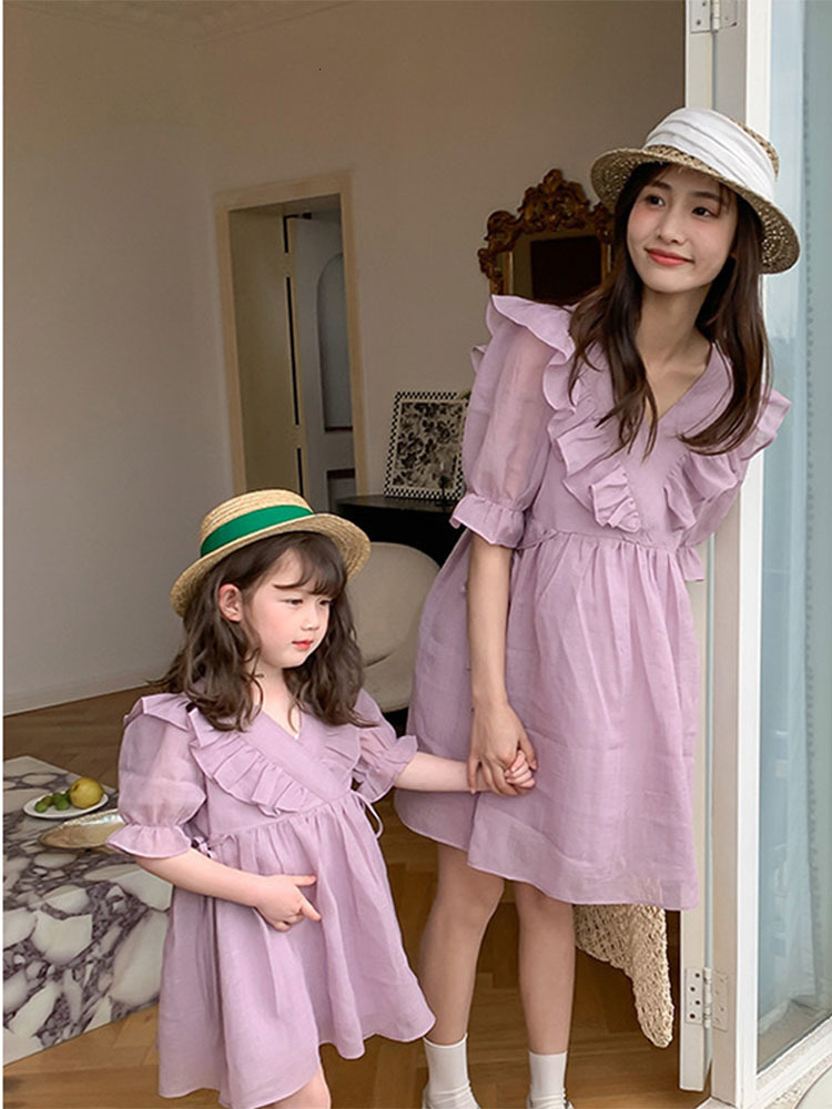Family Matching Outfits Parent-child Dress Mother and Daughter Dress Summer Dress Girl's Dress Korean Style Lace Collar Cotton Princess Dress 230