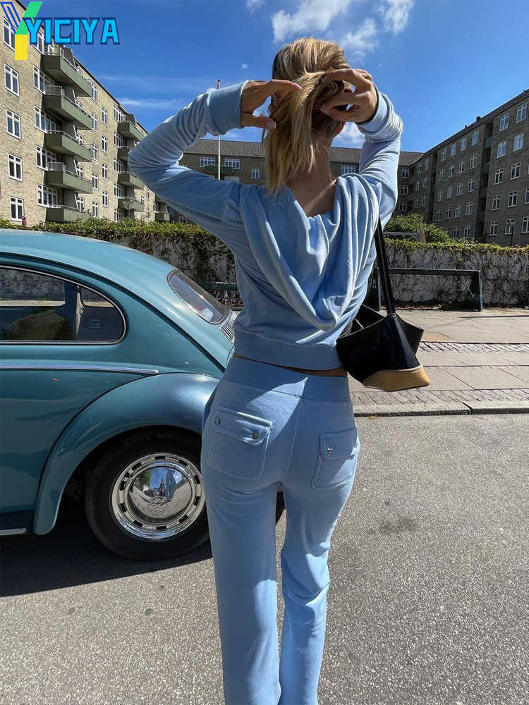 Women's Tracksuits YICIYA two piece sets Velvet Tracksuit Sewing Suit Y2k Pants And Zipper Hood Sweatshirt Women Large Size Female Velour Trouser