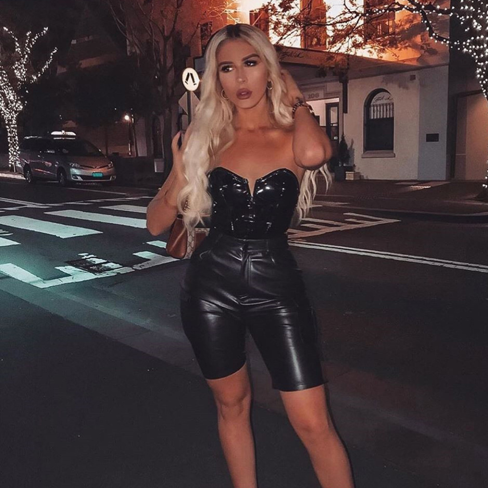 Women's Jumpsuits Rompers Yimunancy PU Leather Sexy Bodysuit Women Strapless V Shape Bodycon Bodysuit Ladies Skinny Black Bodysuit Clubwear 23050