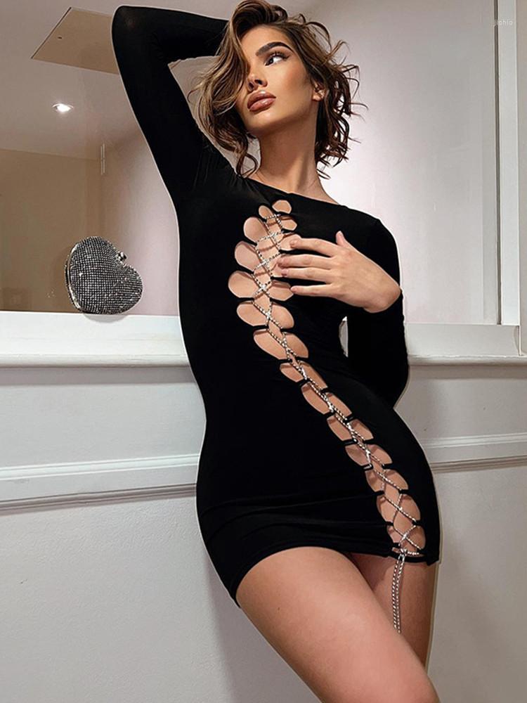 Casual Dresses 2023 Women Sexy Chain Lace Up Bandage Mini Dress Fashion Outfits Club Party Long Sleeve Womens