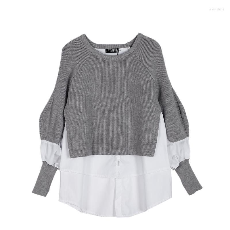 Womens Sweaters Knitted Sweater Patchwork Ruffle Lantern Sleeve O-neck Jumper Female Pullover 2023 Winter Loose Warm Ladies Top