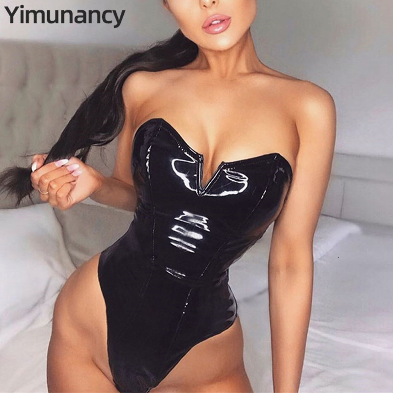 Women's Jumpsuits Rompers Yimunancy PU Leather Sexy Bodysuit Women Strapless V Shape Bodycon Bodysuit Ladies Skinny Black Bodysuit Clubwear 23050