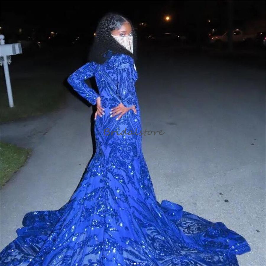 Luxury Sequin Royal Blue Prom Dress For Black Girl Long Seeve Mermaid Evening Gown Extra Custom Size Korean Formal Birthday Occasion Sparkle Vestido D