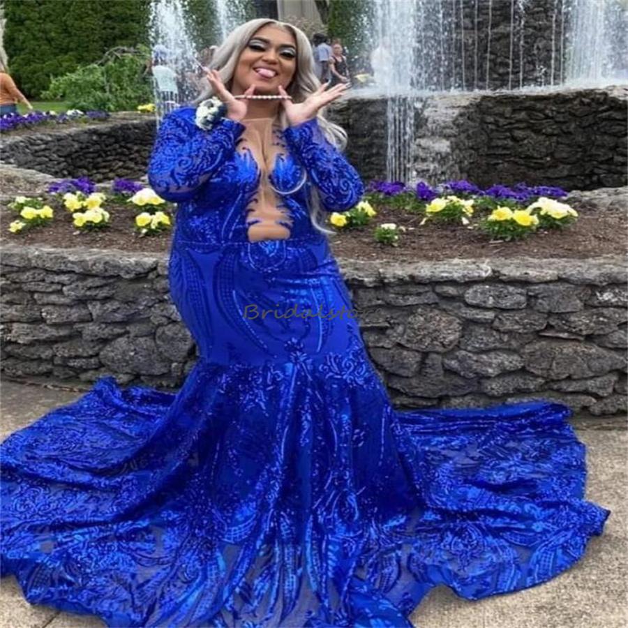 Luxury Sequin Royal Blue Prom Dress For Black Girl Long Seeve Mermaid Evening Gown Extra Custom Size Korean Formal Birthday Occasion Sparkle Vestido D