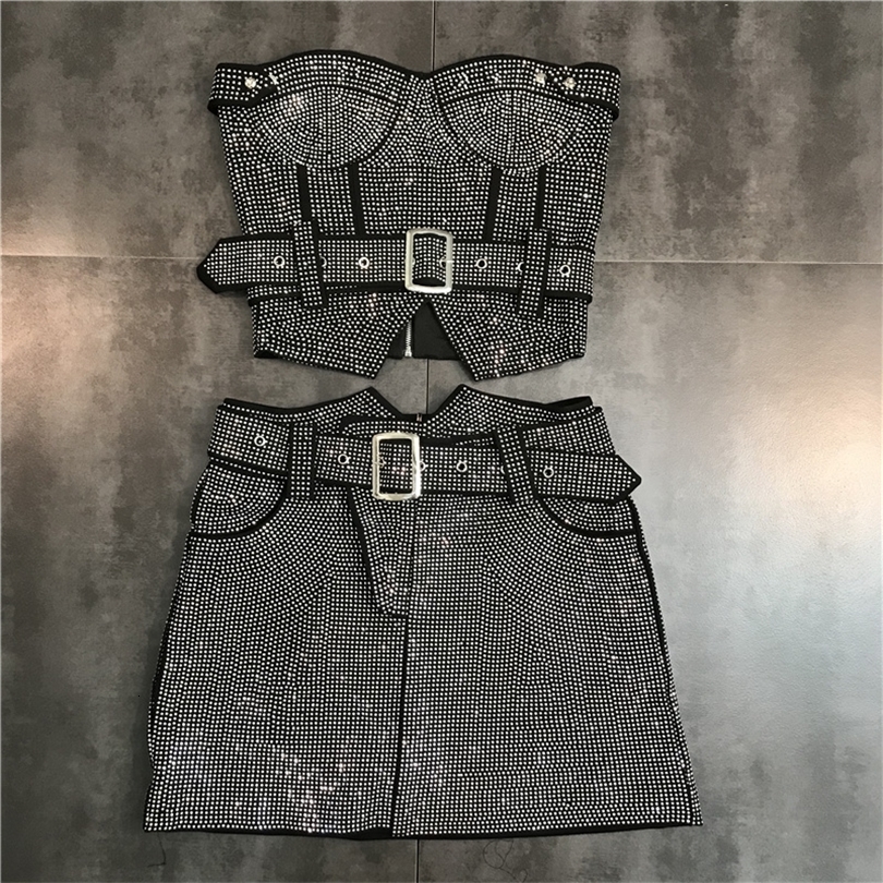 Two Piece Dress PREPOMP Sleeveless Strapless Diamonds Black Slim Tank Top Vest Short Bodycon Skirt Belt Set Outfits GH708 230505