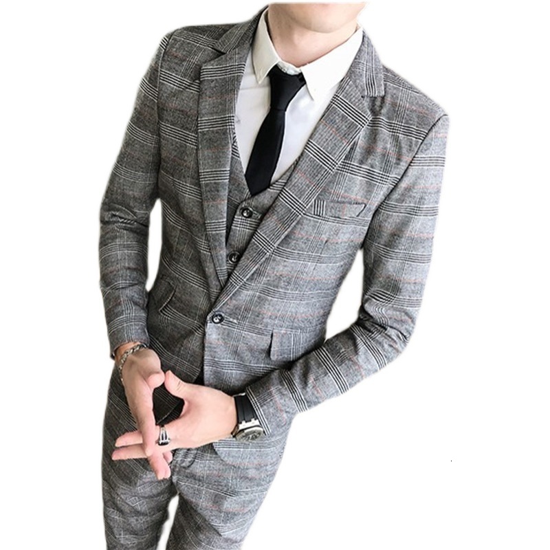 Men's Suits Blazers Fashion Men's Casual Slim Plaid Suit Coat Three Piece Set / Men's Business Boutique Wedding Blazers Jacket Pants Ve