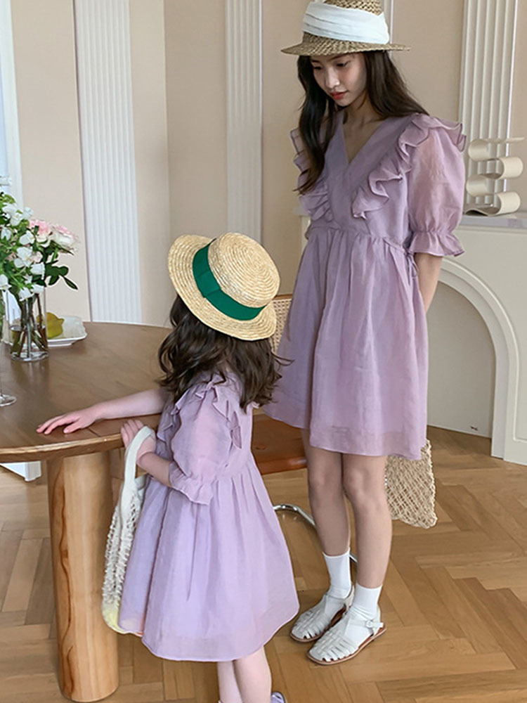 Family Matching Outfits Parent-child Dress Mother and Daughter Dress Summer Dress Girl's Dress Korean Style Lace Collar Cotton Princess Dress 230