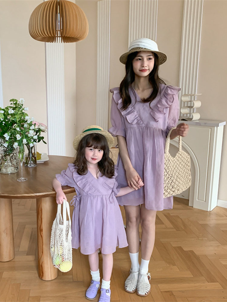 Family Matching Outfits Parent-child Dress Mother and Daughter Dress Summer Dress Girl's Dress Korean Style Lace Collar Cotton Princess Dress 230