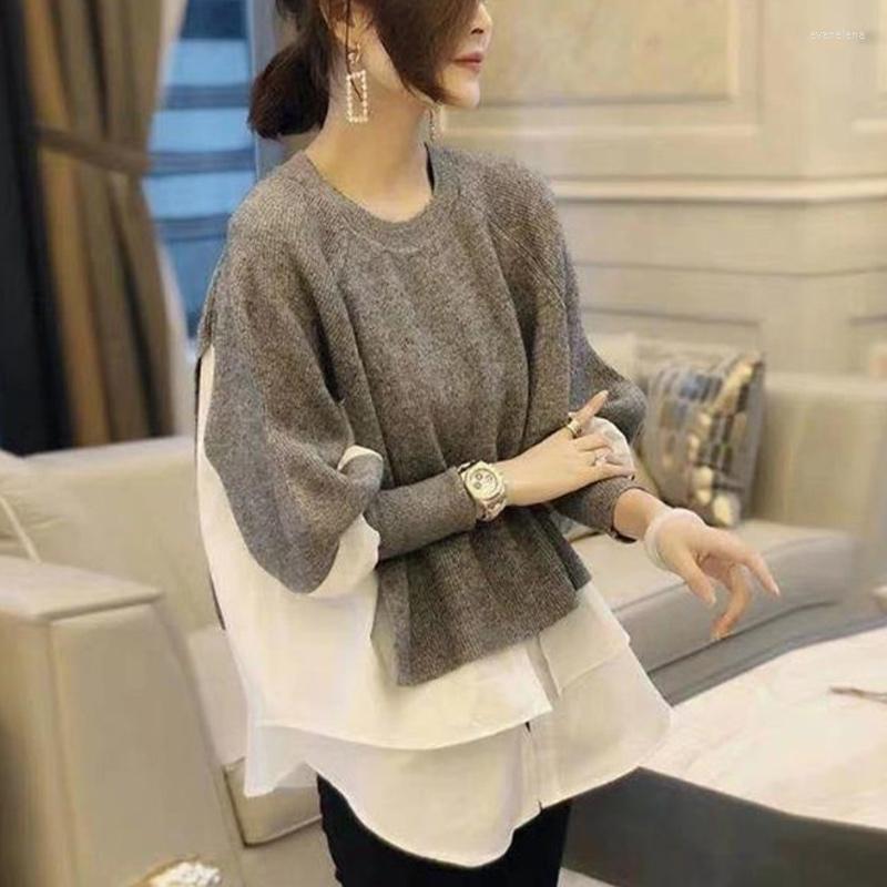 Womens Sweaters Knitted Sweater Patchwork Ruffle Lantern Sleeve O-neck Jumper Female Pullover 2023 Winter Loose Warm Ladies Top
