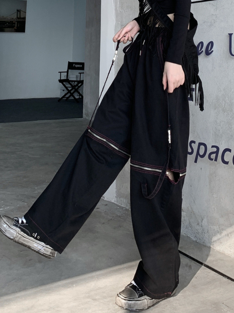 Women's Pants s QWEEK Techwear White Cargo Pant Emo Streetwear Black Wide Leg Trousers Baggy Grunge Punk Pockets Hippie Hollow Out Loose 230506