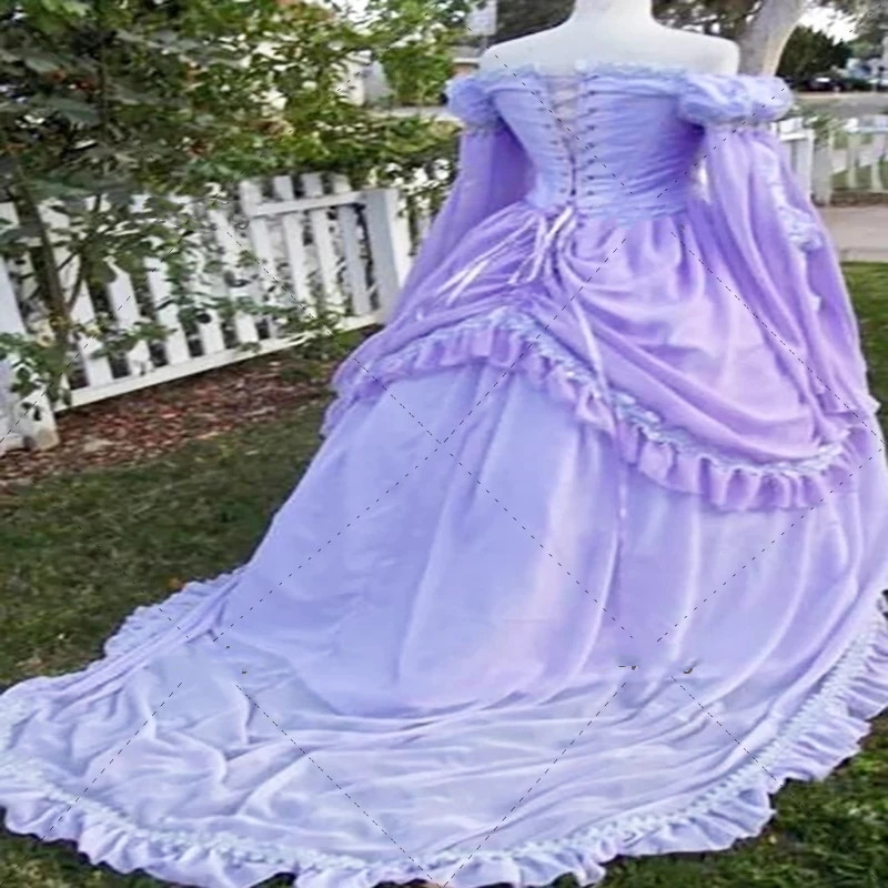 Retro Gothich Lilac Lavender Wedding Dresses Plus Size Long Sleeve Lace-Up Corset Renaissance Costume Holloween Bridal Gowns Lz0304
