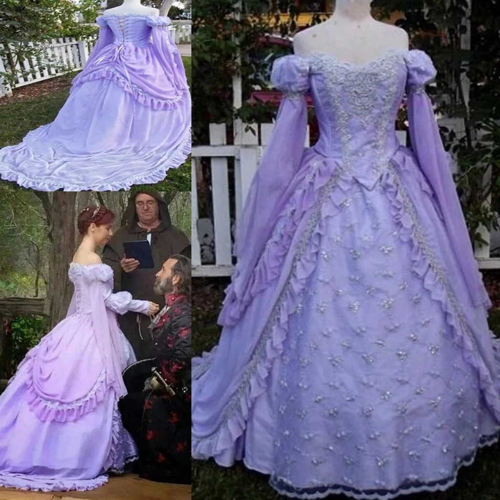 Retro Gothich Lilac Lavender Wedding Dresses Plus Size Long Sleeve Lace-Up Corset Renaissance Costume Holloween Bridal Gowns Lz0304