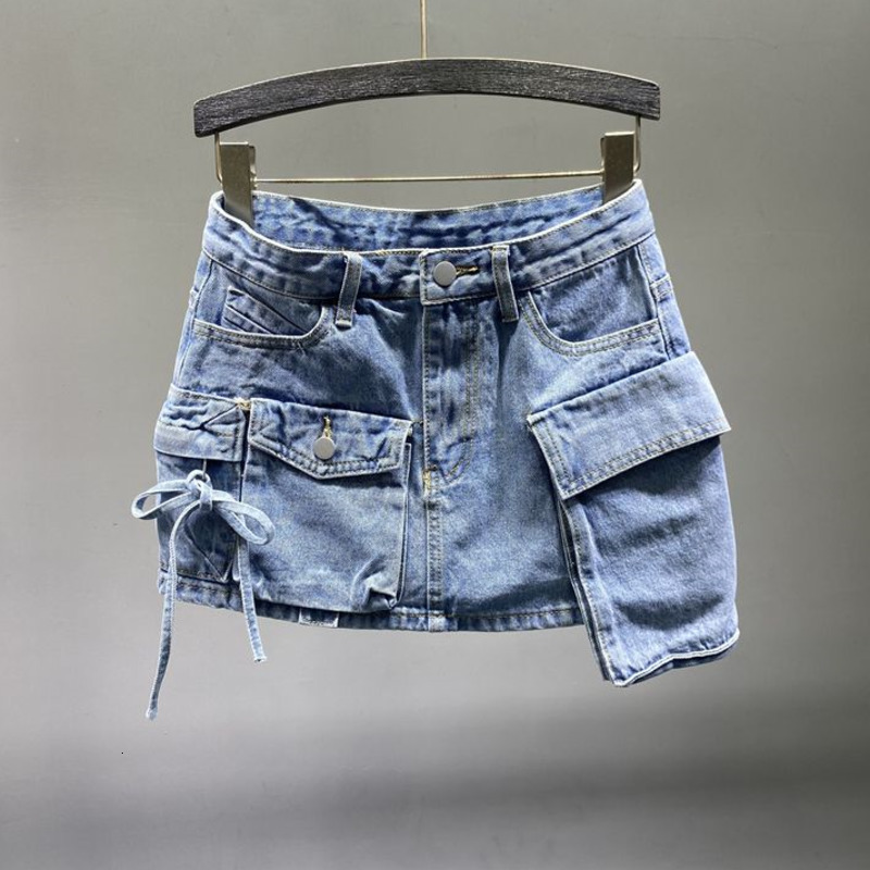 Skirts PREPOMP Irregular Pocket Cargo Denim Skirt Women Clothing Summer Sexy A-line Hip Skirts Female Bottoms Streetwear GH910 230506