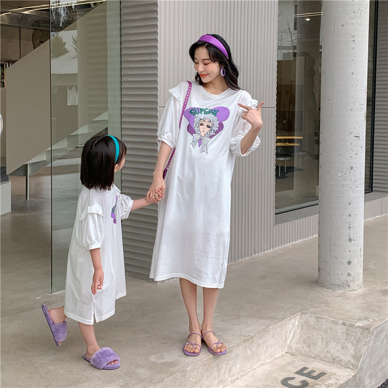 Family Matching Outfits Same Mom And Daughter Dresses Baby Girls Long Tee Women's Dress Mother And Children Summer Clothes Korean Parent-Child Ou