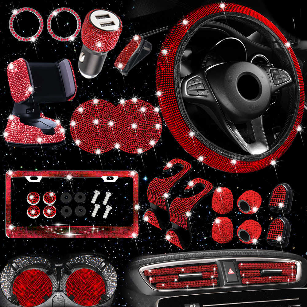 New Diamond Blingbling 27PCS/Set Car Interior Decor Accessories Set For Women Steering Wheel Cover License Plate Frame Car Vent Decor Phone Holder Hoo